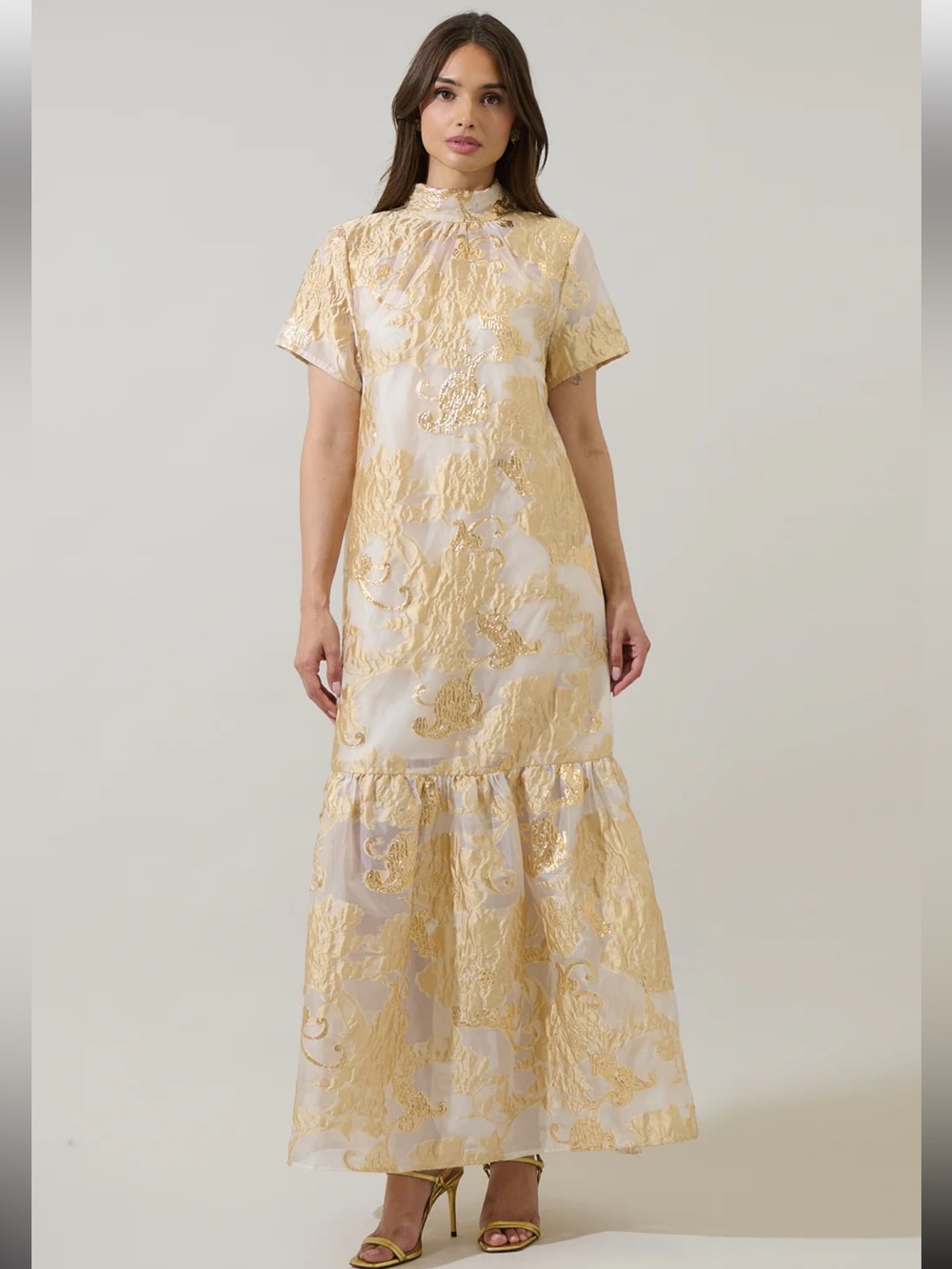 Sugarlips Curve Mimy Floral Dime Organza
Mockneck Maxi Dress Champagne Gold NWT